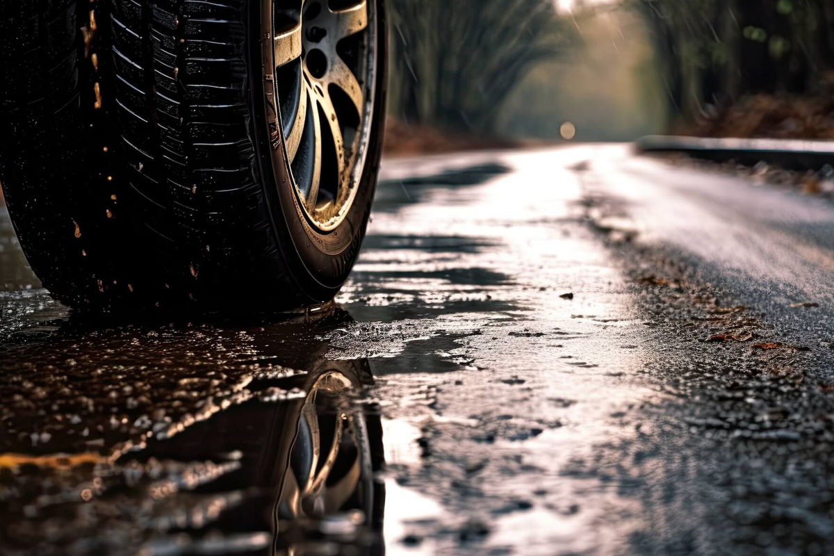 Auto steht auf nasser Straße