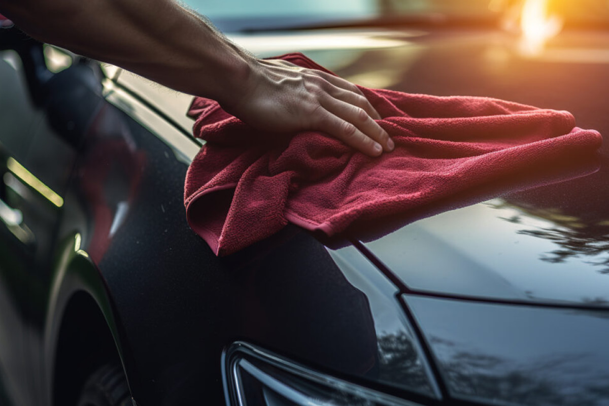 Mann wischt mit einem Tuch über die Motorhaube eines Autos