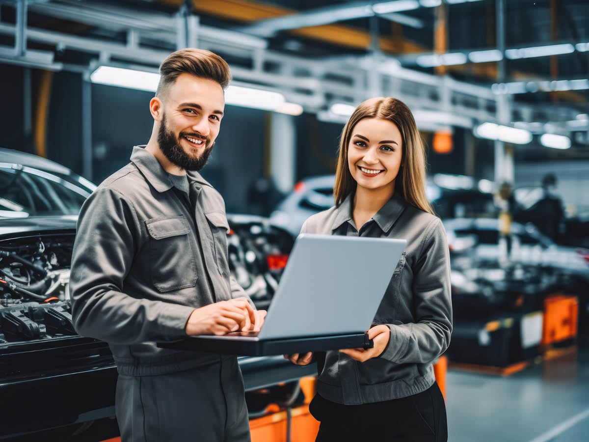 Zwei junge Angestellte in einer Autowerkstatt