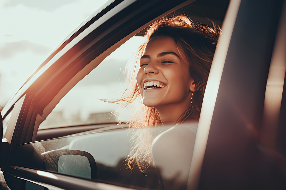 Frau schaut glücklich aus dem Fenster Ihres Autos